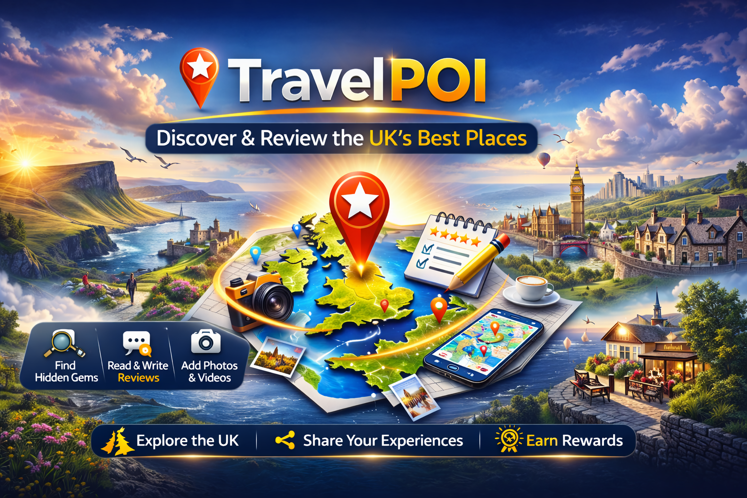 TravelPOI app feature graphic showing UK places to discover