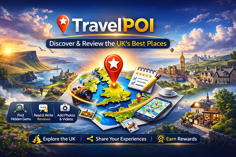 TravelPOI map view showing castles and waterfalls across the UK and Ireland